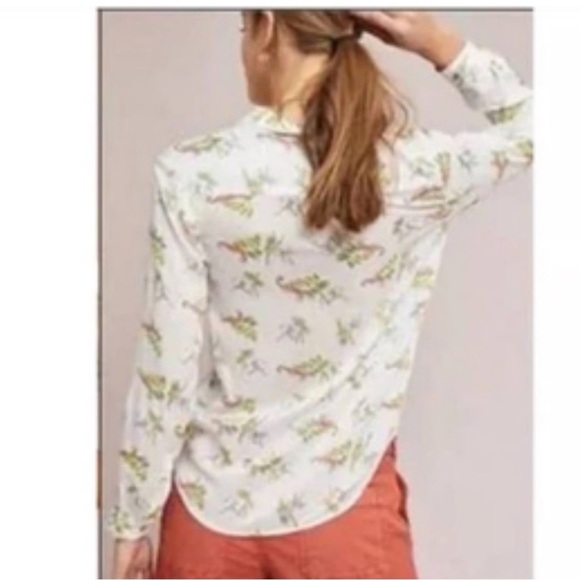 Anthropologie- Maeve Blouse White Jungle Monkey 🐒 Tiger 🐅 Print Shirt Size 4 - Picture 2 of 8